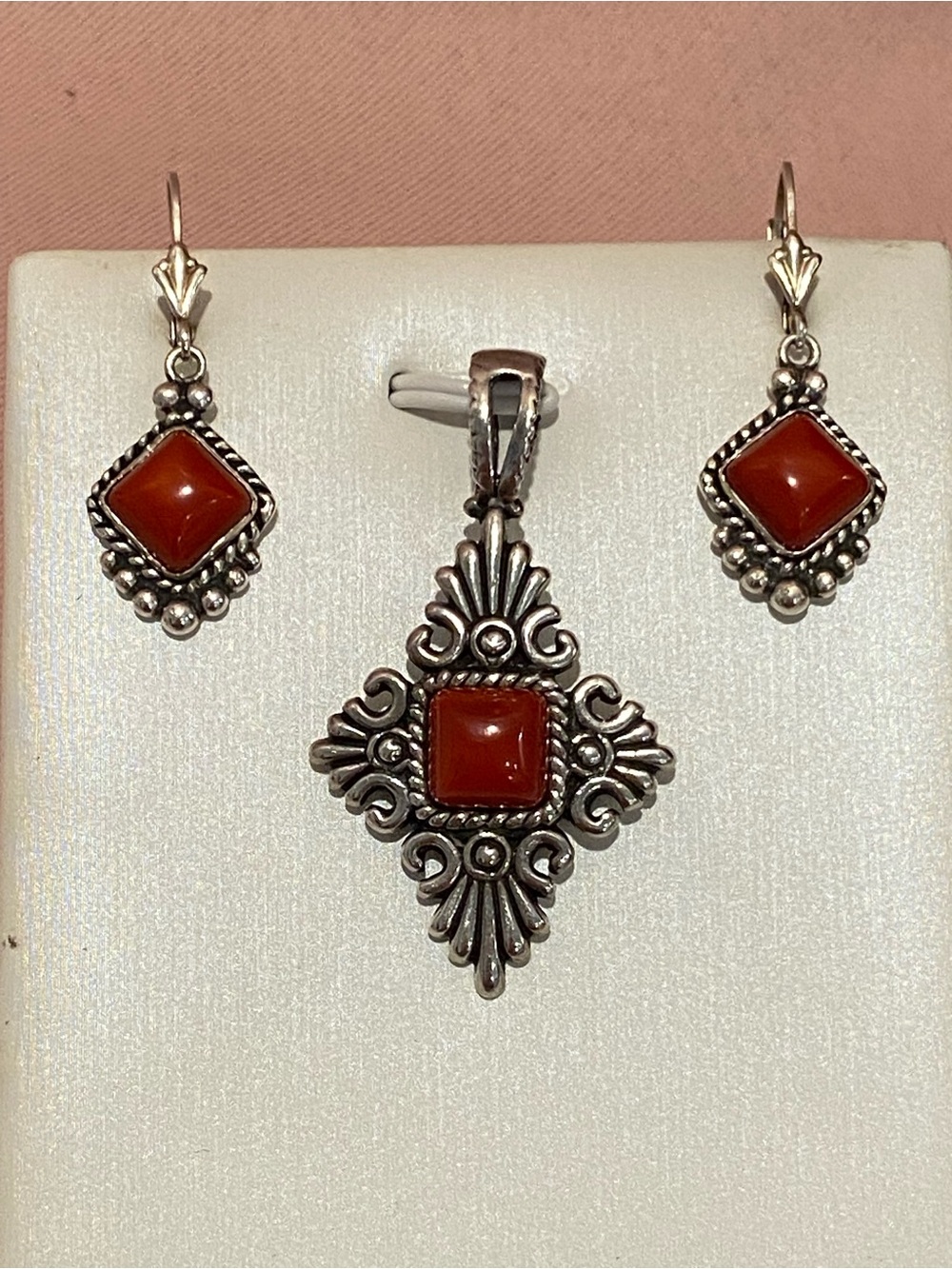 Studio Barse Sterling Silver Red Coral Square Pendant and Earrings Set